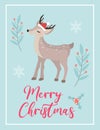 Merry christmas cute card with deer in santa hat. Winter holidays new year template for your design. Vector illustration Royalty Free Stock Photo