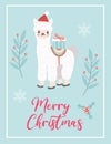 Merry christmas cute card with llama alpaca in santa hat. Winter holidays new year template for your design. Vector
