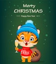 Merry Christmas. Cute cartoon character tiger