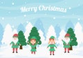 Merry Christmas Cute Cartoon Dwarf little fantasy, Santa Claus And Elves Characters. Tree or Gifts As An Additional Background Royalty Free Stock Photo