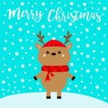 Merry christmas. Cute cartoon kawaii funny deer standing on snowdrift. Horns, red scarf, hat. Reindeeer head. Blue winter snow