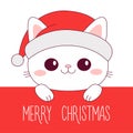 Merry Christmas. Cute cat. Red Santa Claus hat. White kitten. Contour line doodle pet. Smiling face, paws. Kawaii baby animal.