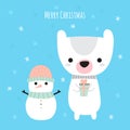 Merry Christmas. Cute Christmas greeting card. Cartoon snowman and funny bear. Winter holidays Royalty Free Stock Photo