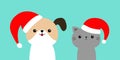 Merry Christmas. Cute dog cat face in red Santa hat. Funny kawaii doodle baby animal. Cute cartoon funny character. Puppy and Royalty Free Stock Photo