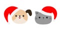 Merry Christmas. Cute dog cat round face icon in red Santa hat. Funny kawaii doodle baby animal. Cute cartoon funny character. Royalty Free Stock Photo