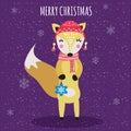 Merry Christmas Cute Fox with scarf, hat and toy, card. Hand drawn character illustration vector isolated poster banner Royalty Free Stock Photo