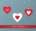Merry Christmas cute greeting card design with red and white stitched decorative hearts and snowflakes. Christmas scandinavian