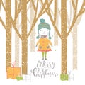 Merry Christmas cute greeting card with girl, presents and lette