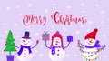 Merry Christmas cute greeting card with snowman and snowflakes for happy new year presents. Scandinavian style set for invitation Royalty Free Stock Photo