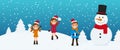Merry Christmas. Cute kids and snowman playing snowball in winter season.