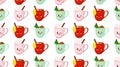 Merry Christmas Cute patterns with kawaii cups. Hot drink. New Year characters