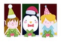 Merry christmas, cute penguin angel and helper with holly berry banners