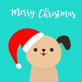 Merry Christmas. Cute puppy dog face in red Santa hat. Funny kawaii doodle baby animal. Xmas .Cute cartoon funny character. Pet Royalty Free Stock Photo