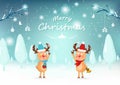 Merry Christmas, cute reindeer character, greeting card, snow fa