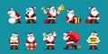 Merry Christmas, cute Santa Claus characters. Fun and joy winter holidays mascot in different poses, greeting xmas. Man Royalty Free Stock Photo