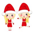 Merry Christmas With Cute Santa Girl Jumping. Pompom Hat And Outfit Santa Claus Costume. Beautiful Young Woman Vector