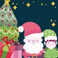 Merry christmas, cute santa helper tree and gifts card Royalty Free Stock Photo