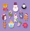 Merry christmas, cute snowman bear penguin deer bunny fox flower sock cartoon icons Royalty Free Stock Photo