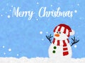 Merry Christmas Cute Snowman with Red-white hat and scarf invitation card drawing with fur and feather brush. winter blue. Royalty Free Stock Photo