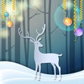 Merry Christmas 3d abstract paper cut illustration of deer in forest. Vector Greeting card. Origami winter season. Happy New Year. Royalty Free Stock Photo