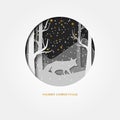 Merry Christmas 3d abstract paper cut illustration of fox in the forest snow. moon and stars in the night. Vector