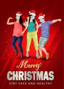 Merry christmas Dance Night Party Flyer design with group of people dancing with santa hand and wearing surgical mask. coronavirus