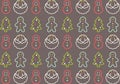 Merry Christmas Day Gifts Pattern Background, red outline snowman, christmas tree pattern brown background