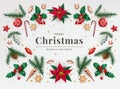 Merry christmas decor. Xmas ornament, greeting card or poster. Holiday web banner with noel branch. Frame with 3d