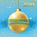 Merry Christmas decoration background with 3d gold ball. Stars, glitter, golden bauble, blue ribbon, white winter Royalty Free Stock Photo