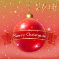 Merry Christmas decoration background with 3d red ball. Stars, glitter, bauble and ribbon, white winter snowflakes. Xmas Royalty Free Stock Photo