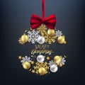 Merry Christmas decorative elements bauble snowflake bow, postcard, invitation, vector illustration Royalty Free Stock Photo