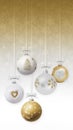 Merry Christmas decorative golden and white balls with shiny ribbons bows and glitter patterns, hanging on blurred lights snow Royalty Free Stock Photo