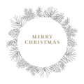 Merry Christmas decorative vintage greeting card, invitation. Holiday floral circle, frame. Wreath of hand drawn pine Royalty Free Stock Photo