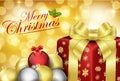 Merry Christmas with decorative xmas bubbles balls and gift ribbon