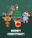Merry Christmas. Deer, chicken, kitten, monkey Royalty Free Stock Photo
