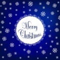 Merry Christmas design with beautiful various snowflakes. Vector logo, typography in blue. Usable as banner, greeting card, gift