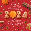 Merry Christmas 2024, design with gingerbread cookies, spices, cinnamon, anise, vanilla, oranges Royalty Free Stock Photo