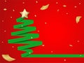 Merry Christmas. Design with green ribbon form christmas tree and gold foil confetti on red background.