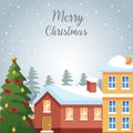 Merry christmas design with houses and christmas tree with ornaments over snowy background Royalty Free Stock Photo