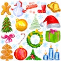 Merry Christmas design object with snowman, tree and gift Royalty Free Stock Photo