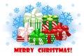 Merry christmas different gifts on snow background, Creative packaging. Vector background