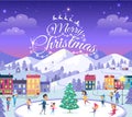 Merry Christmas. Different People on Icerink. Royalty Free Stock Photo