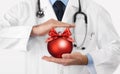 Merry Christmas from doctor,, best wishes concept, hands with xmas red ball, gift card banner web