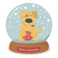 Merry Christmas dog with Christmas ball in snow globe and snowflakes.