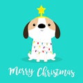 Merry Christmas dog fir tree shape. Garland lights bulb string Star. Puppy pooch sitting. Funny Kawaii animal Kids print. Cute Royalty Free Stock Photo