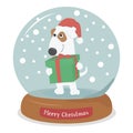 Merry Christmas dog with gift in snow globe with snowflakes.