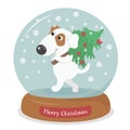 Merry Christmas dog with tree in snow globe with snowflakes