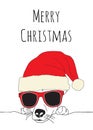 Merry Christmas and Dog wearing Santa hat and sunglasses. Vector Illustration. Cute animal holiday greeting card Royalty Free Stock Photo