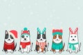 Merry Christmas dogs, collection of christmas Bull Terrier in santa hats, winter headwear. Happy xmas pets greeting card