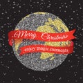 Merry Christmas, earth icon with red ribbon around it, hollyday decoration on winter background. Greeting card, brochure